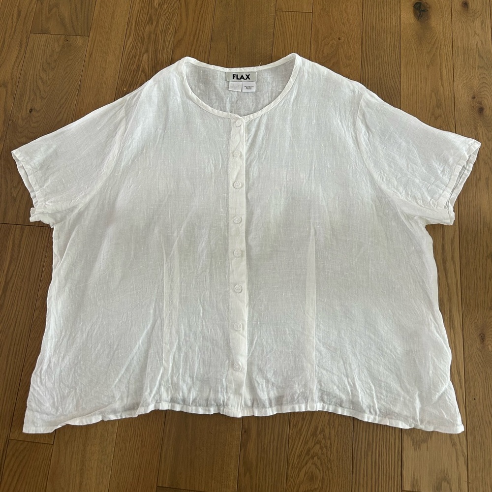 FLAX size 1G 1X White Linen Short Sleeve Button Front Round Neck Top